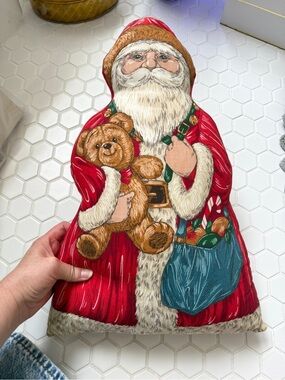 Vintage 1980s Horchow Santa Claus Christmas Throw Pillow Teddy Bear Holiday Deco